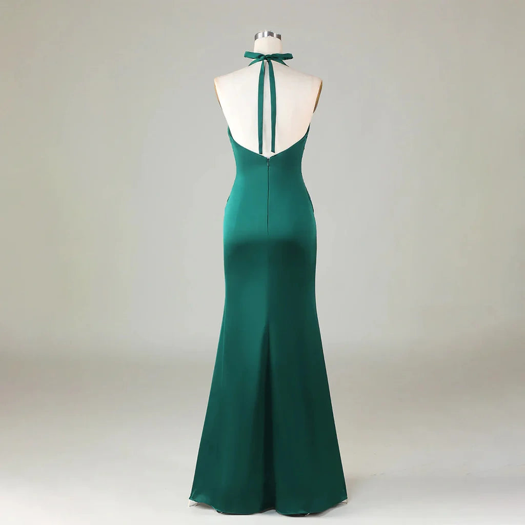 Robe de demoiselle d'honneur longue en satin vert sexy dos nu col en V profond sirène robes de bal robes de soirée nv1986