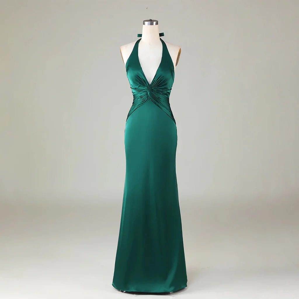 Robe de demoiselle d'honneur longue en satin vert sexy dos nu col en V profond sirène robes de bal robes de soirée nv1986