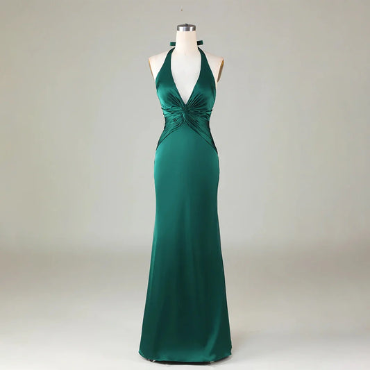 Green Sexy Backless Deep V Neck Mermaid Satin Long Bridesmaid Dresses Ball Gowns Evening Dresses nv1986