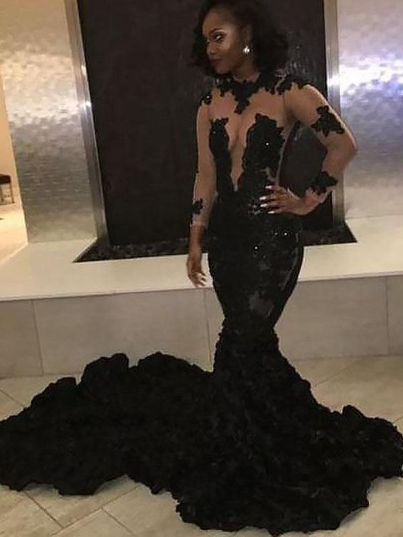 Black sexy elegant mermaid see-through long tail long sleeve ruffled ball gown evening dress nv3227