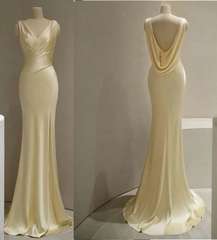 Light Yellow Fashion V-neck Backless Mermaid Long Elegant Satin Floor Length Ball Gown Evening Dress nv3458