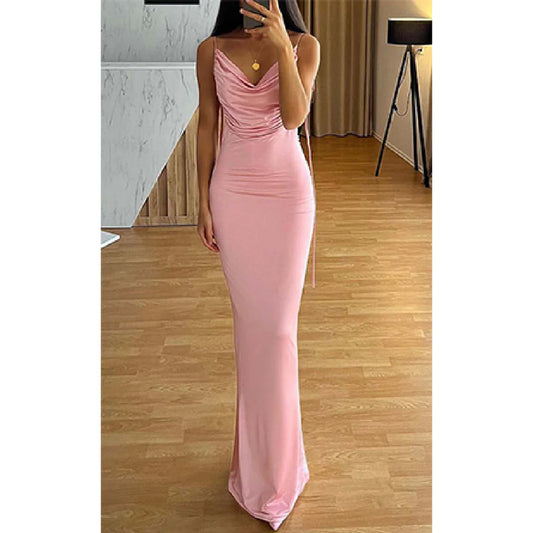 Pink Elegant Spaghetti Strap V Neck Mermaid Satin Pearl Long Bridesmaid Dresses Evening Dress Ball Gown nv1977