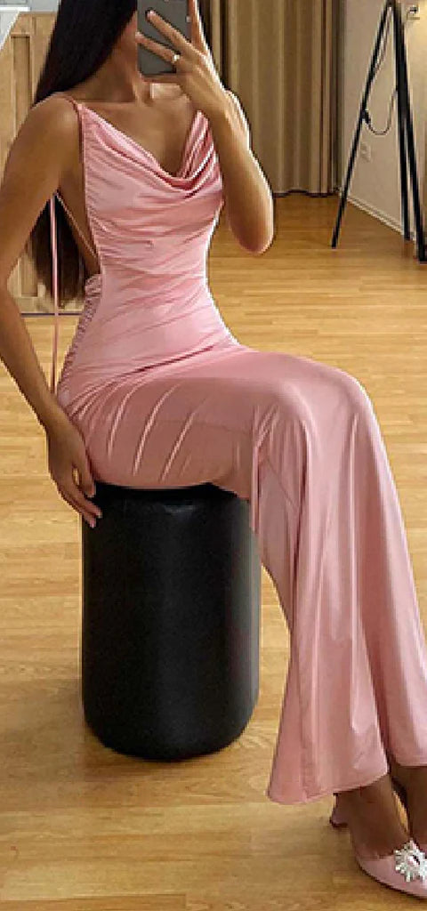 Pink Elegant Spaghetti Strap V Neck Mermaid Satin Pearl Long Bridesmaid Dresses Evening Dress Ball Gown nv1977