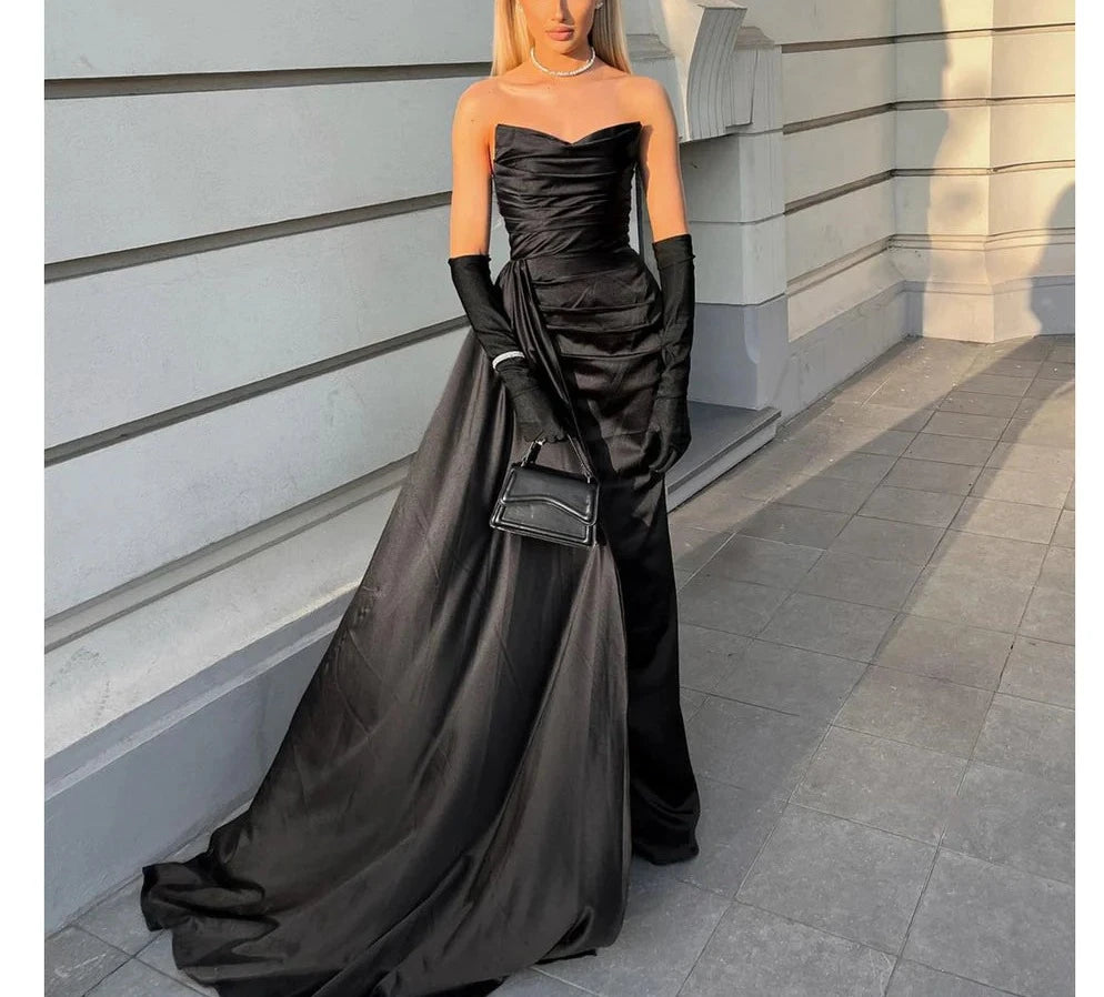 Black Elegant V Neck Mermaid Side Slit Satin Long Bridesmaid Dresses Evening Gown Ball Gown nv1978