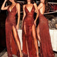 Burgundy shiny sequins V-neck long elegant sexy backless sleeveless front slit ball gown evening dress party dress nv59