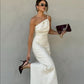 White fashion one shoulder off shoulder slim ball gown evening dress party dress nv1943