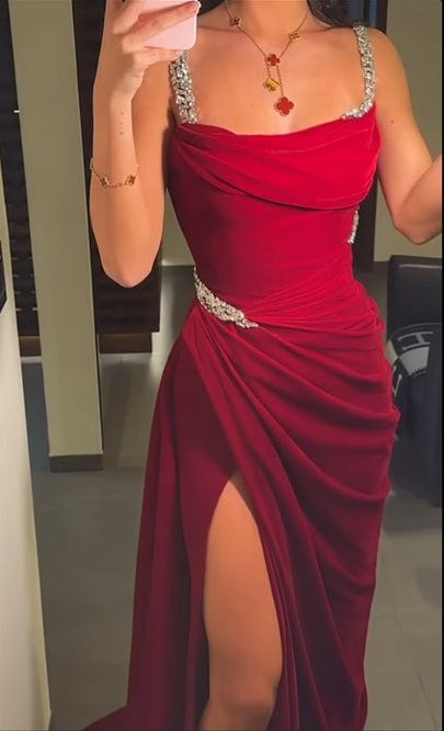 Red Elegant Spaghetti Straps Sequin Mermaid Side Slits Satin Long Bridesmaid Dresses with Train Ball Gown Evening Gown Party Dress nv2416