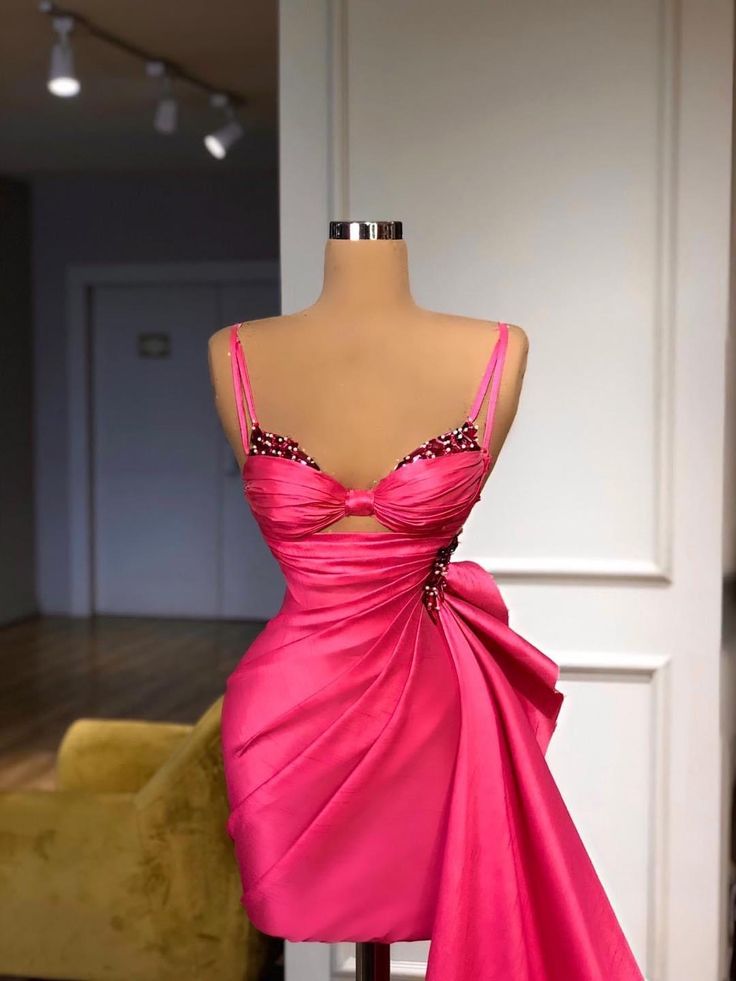 Robe de soirée longue et courte à bretelles spaghetti et strass, col en forme de cœur, sexy et élégante, rose, nv3278