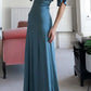 Blue Simple Elegant Charming V-neck Long Evening Dress Ball Gown Party Dress With Sleeves nv2446