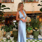 Light blue simple elegant charming sling V-neck low-cut sexy satin long fashion prom evening party dress prom dress to impress nv2588