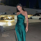 Green Strapless Simple Elegant Off-the-shoulder Satin Long Prom Dress Evening Gown Party Dress with Sequined Cape nv2519