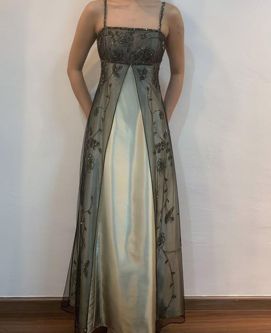 Simple Elegant Beaded Spaghetti Straps Champagne Silver Tan Brown Grey Gradient High Waist Beaded Transparent Black Covered Open Front Skirt Formal Prom Dress Long Ball Gown Evening Gown Party Dress nv2620