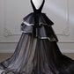 Black and White V Neck Low Cut Tulle Velvet Long Tiered Ball Gown Evening Dress Party Dress nv2607