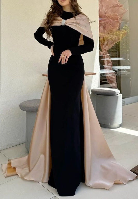 Black fashion unique long sleeve cape style long satin ball gown evening dress birthday holiday party dress nv3198