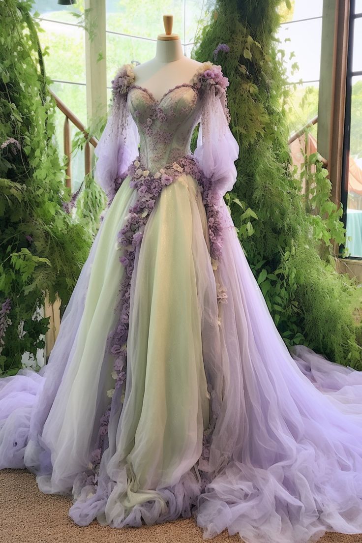 Purple Gorgeous Floral A-Line Princess Lace Applique Sweetheart Tulle Long Sleeves Long Ball Gown Evening Gown Bridal Gown Wedding Dress nv3310