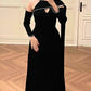 Black elegant long sleeve ribbon long satin ball gown evening dress nv3153