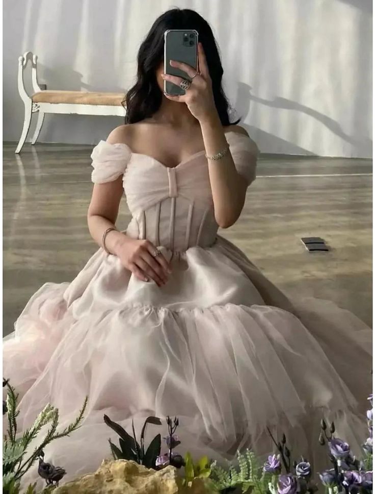 Pink Sweetheart Neck Short Sleeve Off-the-shoulder Long Tulle Evening Dress Princess Dress Formal Floor-length Satin with Pleats nv3151