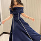 Blue simple elegant short-sleeved one-shoulder pleated long ball gown evening dress party dress nv2521