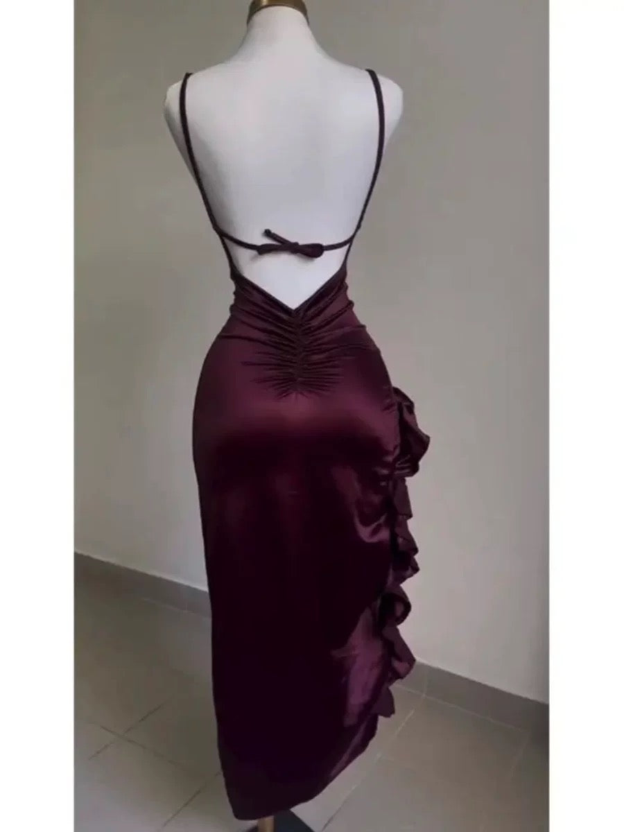 Purple/Black Fashion Chic Suspender Bodycon Long Satin Slit Sexy Elegant Prom Dress Evening Dress Party Dress nv3428