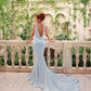 Light blue simple and elegant flowing V-neck low-cut long ribbons galore dress to impress ball dress evening dress Wedding dresses for guests party dress nv2576