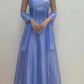 Blue Spaghetti Strap Beaded Tulle Long Ball Gown Evening Dress with Tulle Cape nv2809