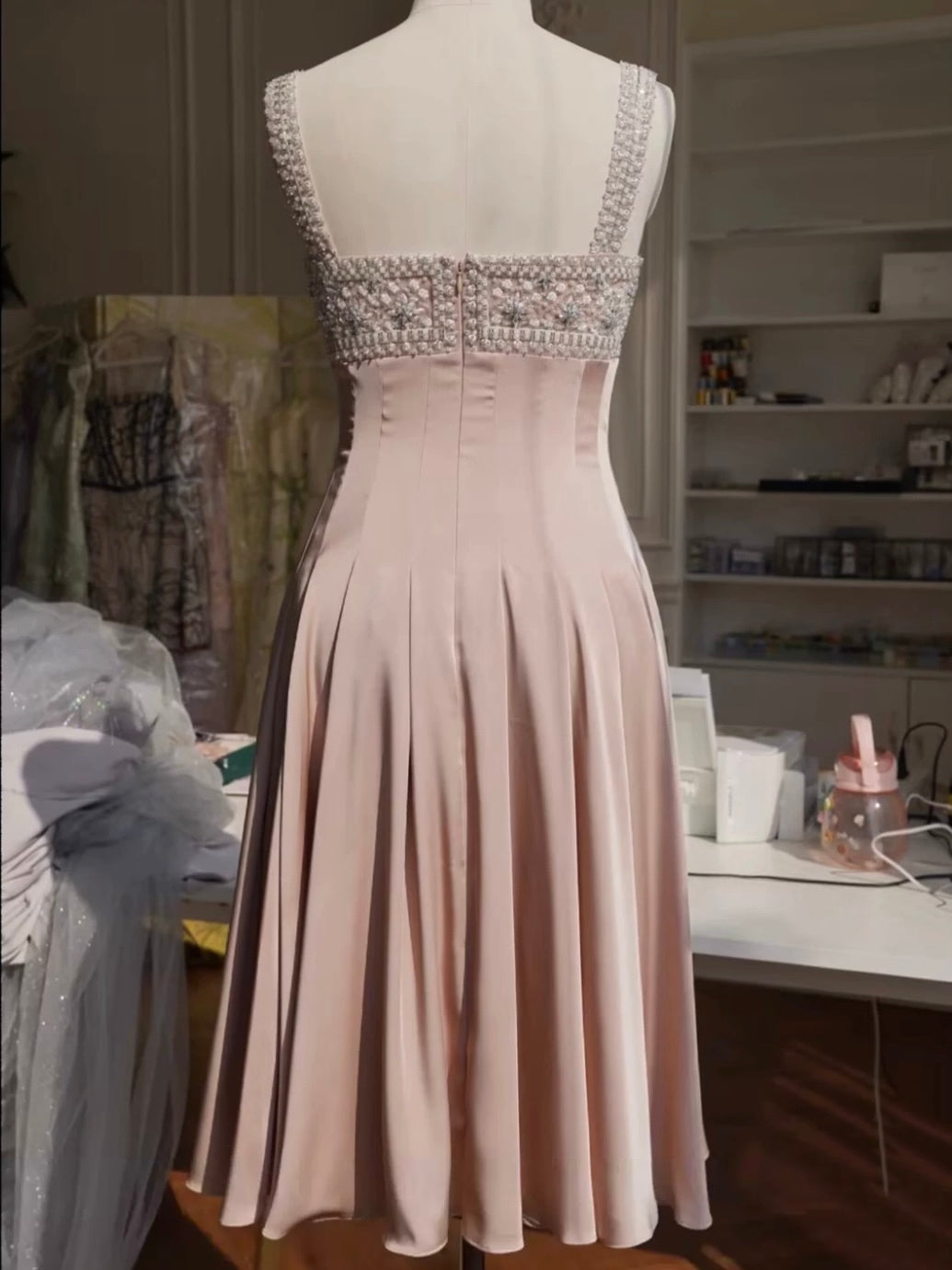 Pink stylish elegant shoulder strap exquisite handmade beaded long/Short satin floor-length prom dress, evening dress, party dress, homecoming dress nv3693