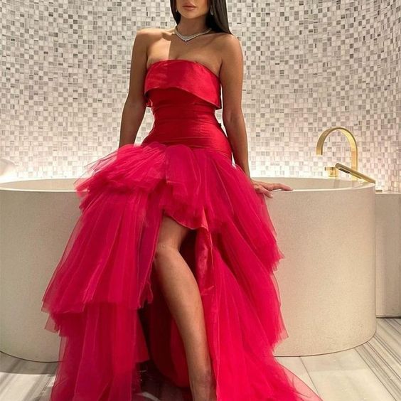 Hot Pink Elegant Charming Cute Sweetheart A-Line Off-the-shoulder Ball Gown Layered Tulle Long Slit Formal Dress Prom Dress Evening Dress Party Dress nv2501