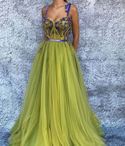 Yellow shiny delicate beaded spaghetti straps elegant long tulle ball gown evening dress party dress nv3536