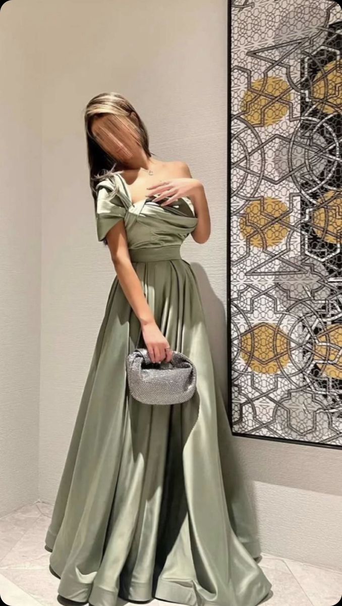 Green A-line elegant short sleeve off-shoulder satin pleated dress formal floor-length ball gown evening gown party dress nv2466