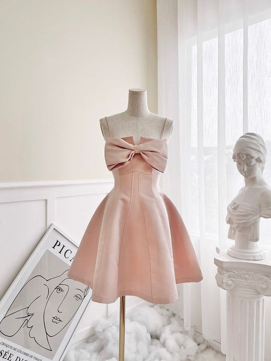 Pink/White Short Fashion Spaghetti Strap Bow Homecoming Dress Party Dress nv3009