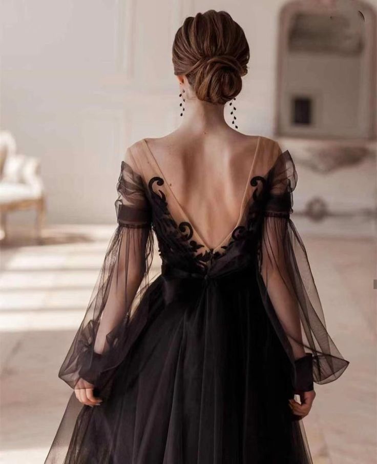 Black romantic ankle-length long sleeve tulle A-line applique long evening gown ball gown party dress nv2567