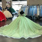 Robe de soirée élégante à manches courtes en tulle vert brillant avec appliques, robe de Quinceanera nv3273