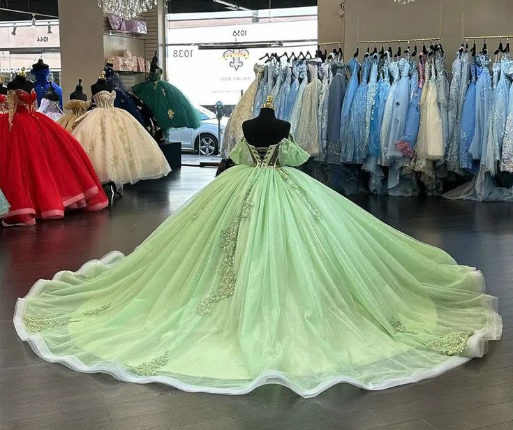 Robe de soirée élégante à manches courtes en tulle vert brillant avec appliques, robe de Quinceanera nv3273