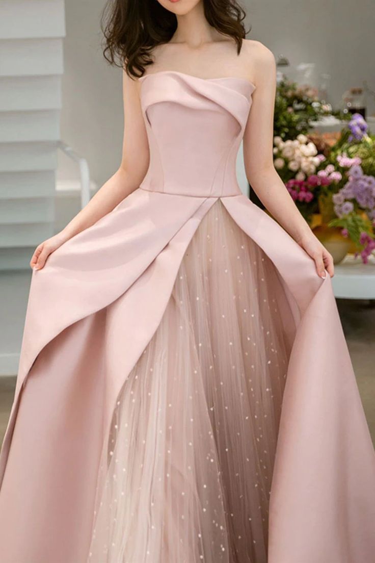 Rosa Elegantes Charmantes Süßes Satin Tüll Langes Ballkleid Formelle Brautjungfernkleider Abendkleid Partykleid nv2467