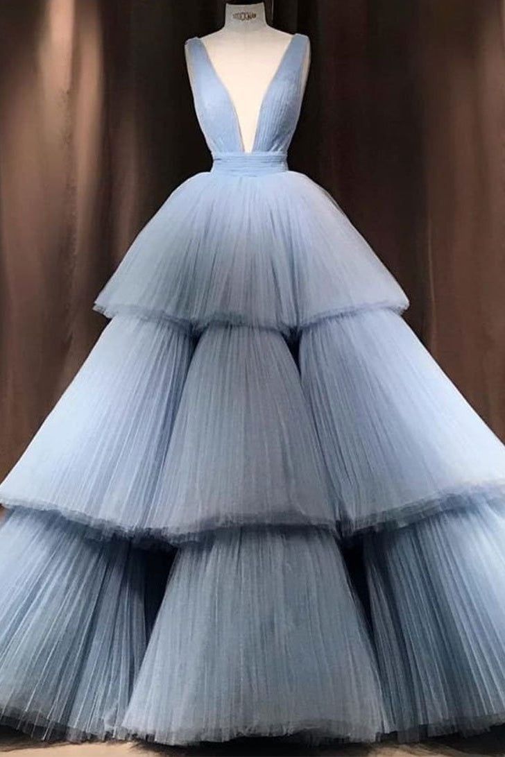 Blue tube top fashionable elegant long tulle layered ball gown evening dress party dress nv3027