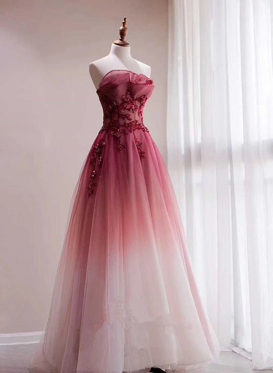 Red Beaded Gradient Tulle Long Party Dress A-Line Elegant  Prom Dress nv1708