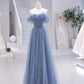 Blue Strapless Tulle Long Prom Dress, Blue A-Line Evening Dress nv1431