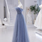 Blue Strapless Tulle Long Prom Dress, Blue A-Line Evening Dress nv1431