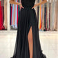 Black Chiffon Lace Long Prom Dresses, A-Line Strapless Evening Dresses nv1464