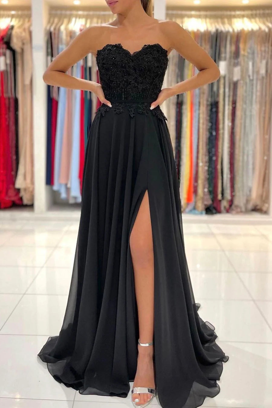 Black Chiffon Lace Long Prom Dresses, A-Line Strapless Evening Dresses nv1464