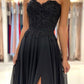 Black Chiffon Lace Long Prom Dresses, A-Line Strapless Evening Dresses nv1464