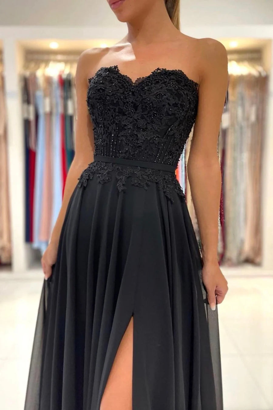 Black Chiffon Lace Long Prom Dresses, A-Line Strapless Evening Dresses nv1464