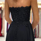 Black Chiffon Lace Long Prom Dresses, A-Line Strapless Evening Dresses nv1464