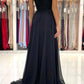 Black Chiffon Lace Long Prom Dresses, A-Line Strapless Evening Dresses nv1464