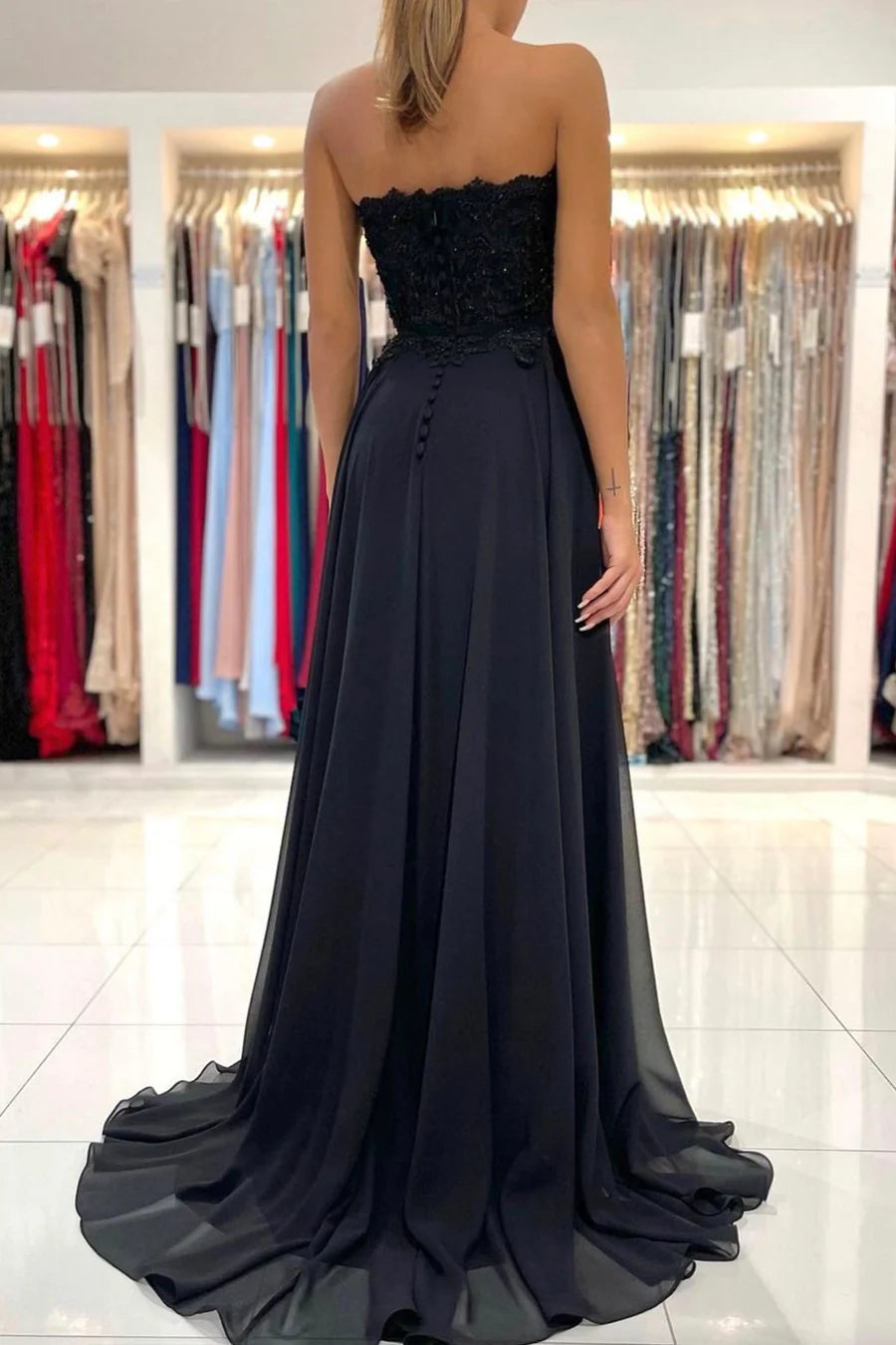 Black Chiffon Lace Long Prom Dresses, A-Line Strapless Evening Dresses nv1464