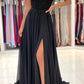 Black Chiffon Lace Long Prom Dresses, A-Line Strapless Evening Dresses nv1464