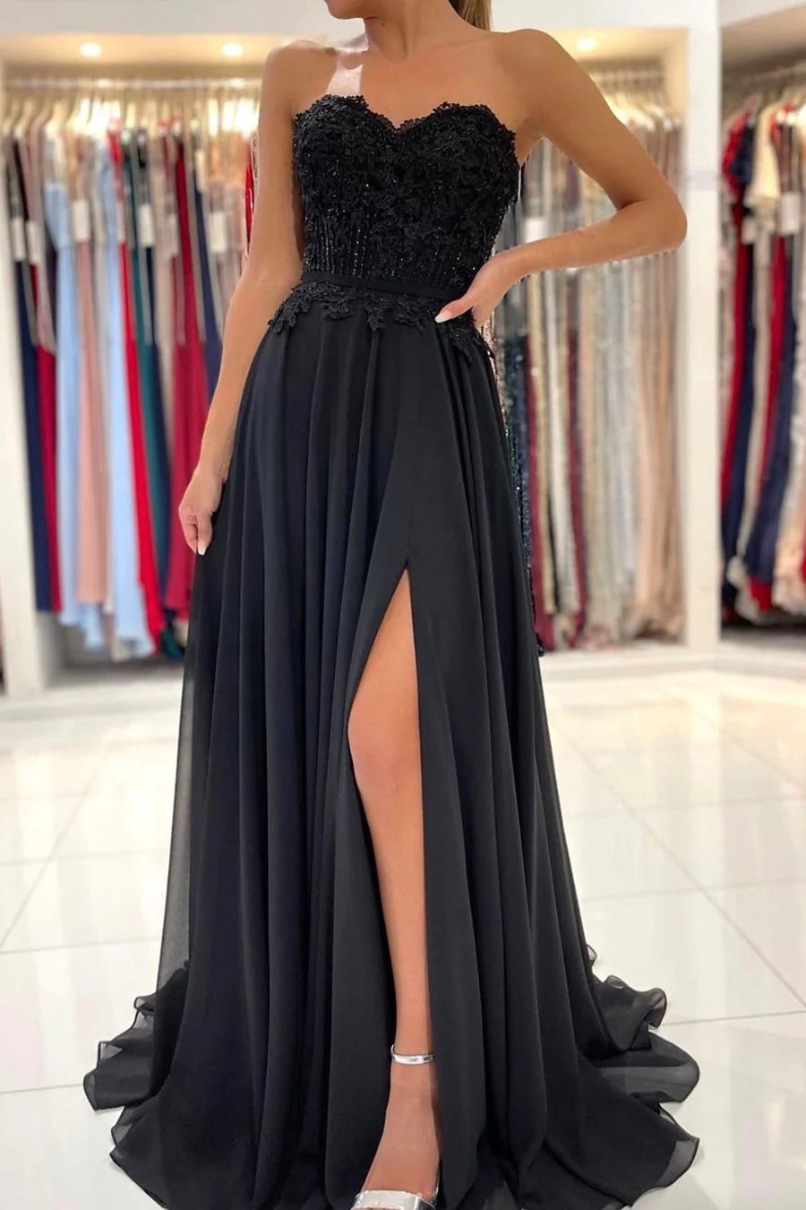 Black Chiffon Lace Long Prom Dresses, A-Line Strapless Evening Dresses nv1464