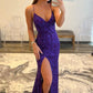 Mermaid V-Neck Sequins Long Prom Dress, Backless Evening Dress with Slit nv1447