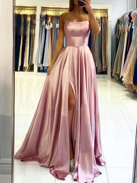 Pink Satin Long Prom Dress, Simple A-Line Backless Evening Dress nv1561