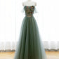 A-Line Green Tulle Long Prom Dress, Off the Shoulder Evening Party Dress nv1601